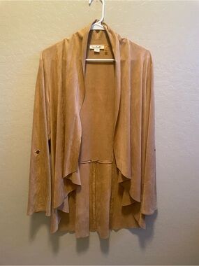Simply Noelle Draped Open-Front Suede-Look Jacket in Light Brown